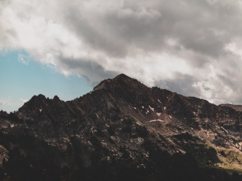 mountains, peaks, clouds, lake, landscape