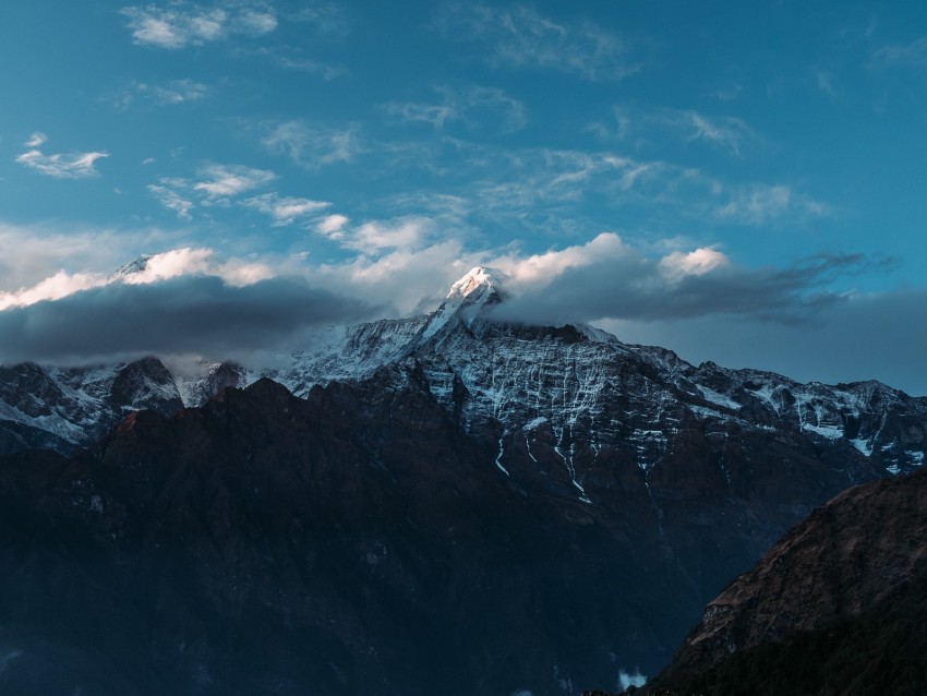 mountains, peaks, clouds, sky, himalayas