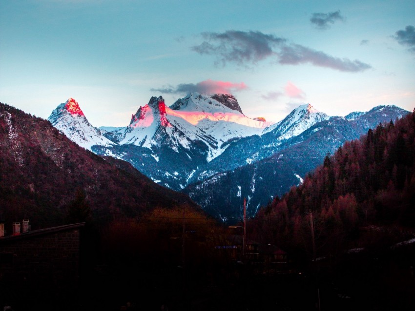 mountains, peaks, contrast, snowy, sky