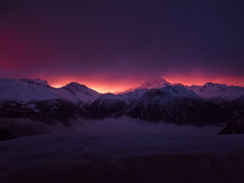 Mountains Peaks Fog Sunset Sky Snow Clouds Dark Background