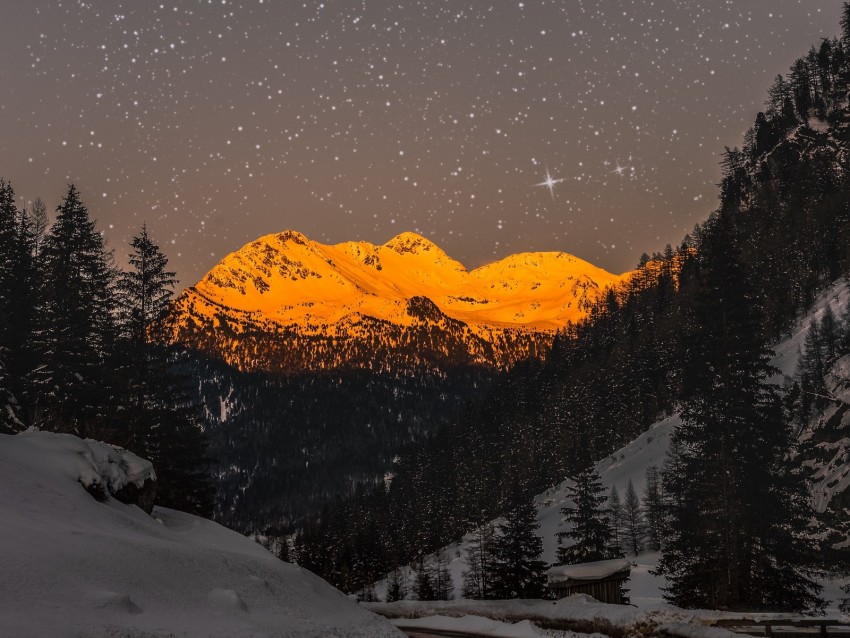 mountains, peaks, snow, starry sky, winter