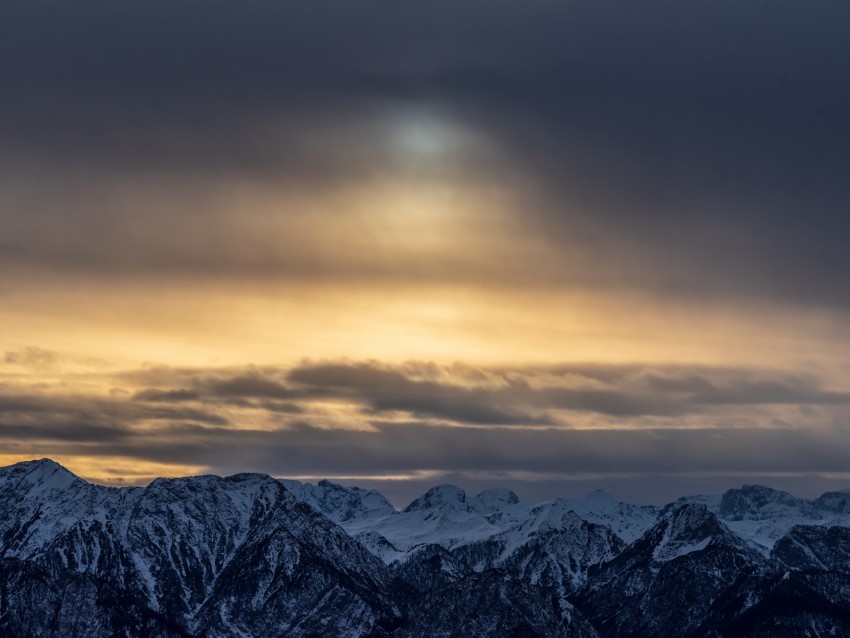 mountains, peaks, snowy, sky, clouds, overcast