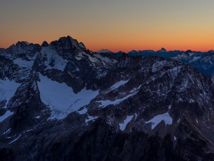 mountains, peaks, snowy, sunset, evening, sky