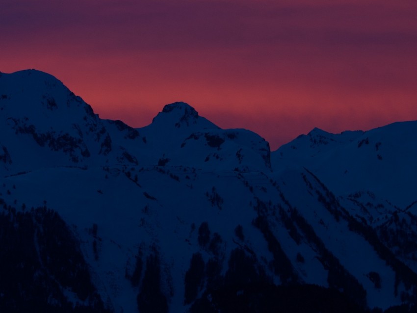 mountains, peaks, sunset, night, snow, dark