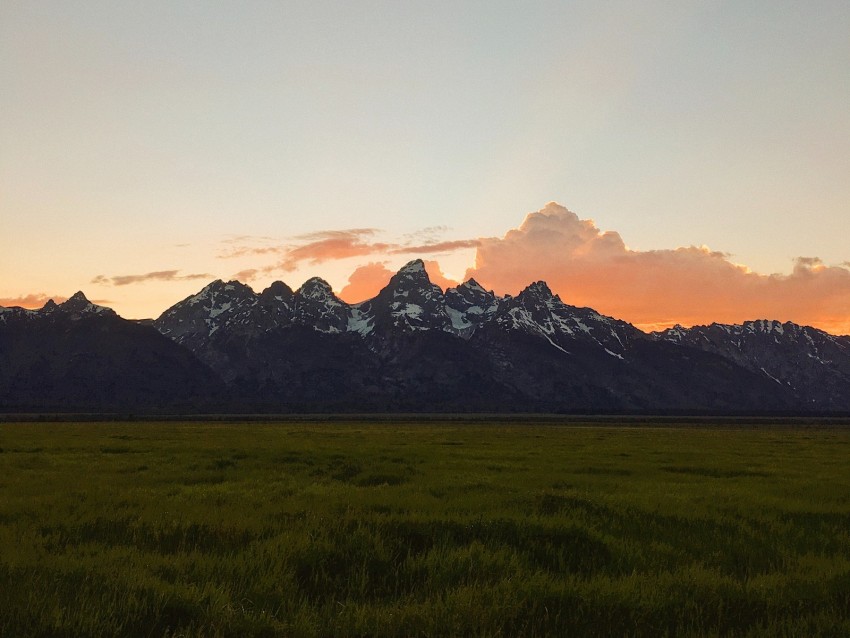 mountains, plain, landscape, peaks, twilight