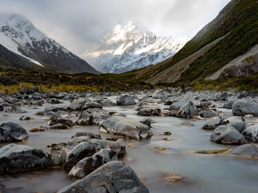 mountains, river, fog, stones