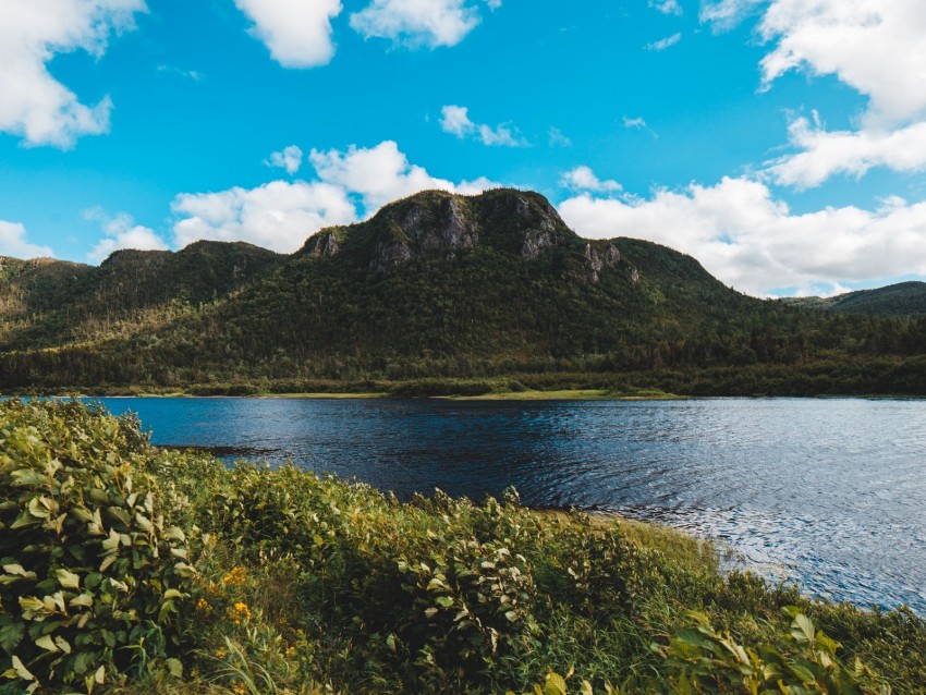 Mountains River Shore Greens Nature Background