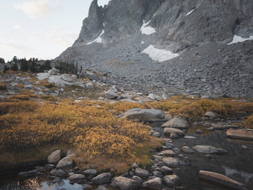 mountains, river, shore, stones, landscape