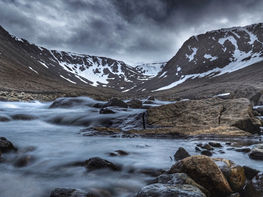 mountains, river, stones, snow, landscape