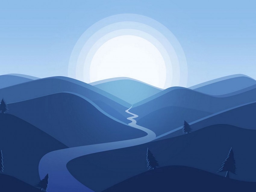 mountains, river, sun, landscape, vector, art