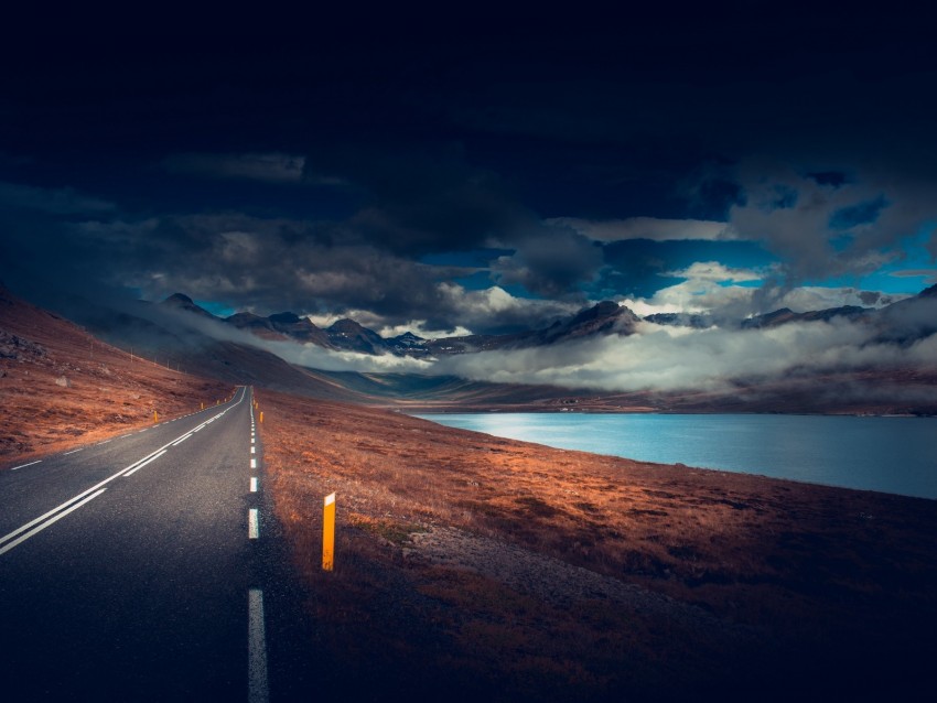 mountains, road, asphalt, marking, lake, dark, clouds