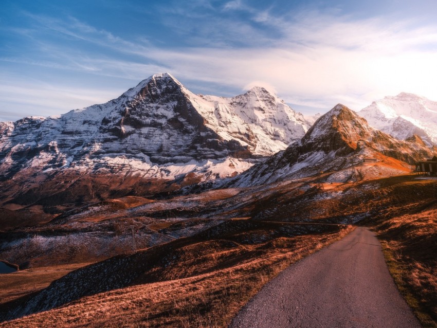 mountains, road, asphalt, peaks, snow, sky, switzerland