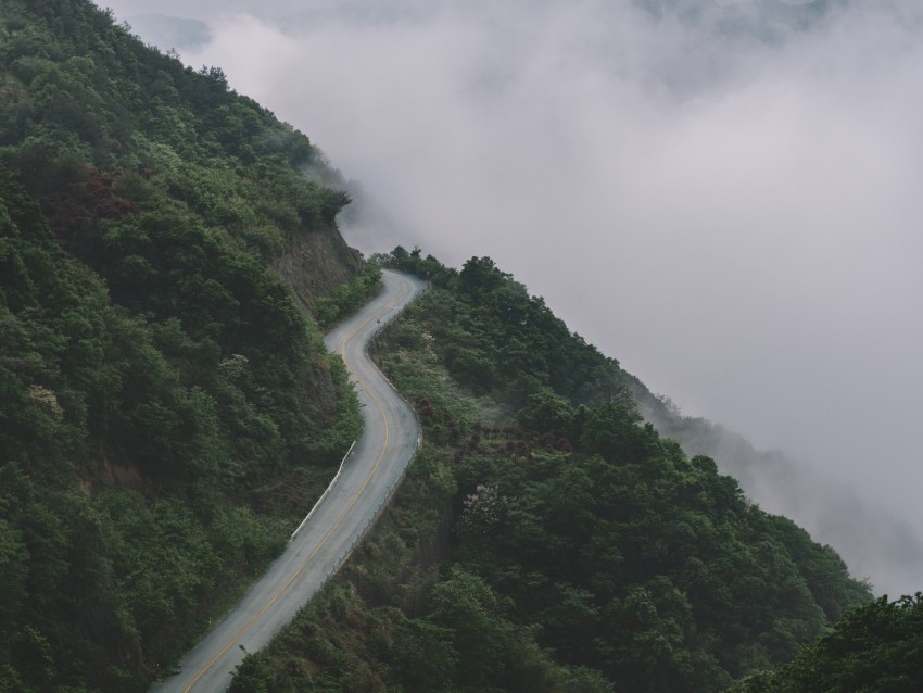 Mountains Road Fog Forest Slope Height Background