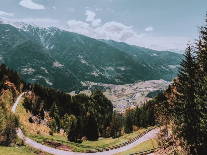 mountains, road, landscape, sun, trees, slope