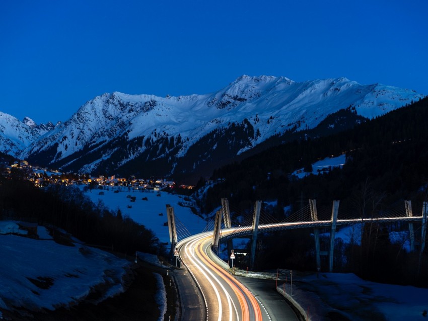 Mountains Road Long Exposure Night Snow Background