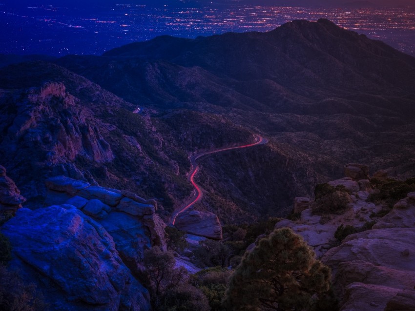 Mountains Road Night Backlight Aerial View Background