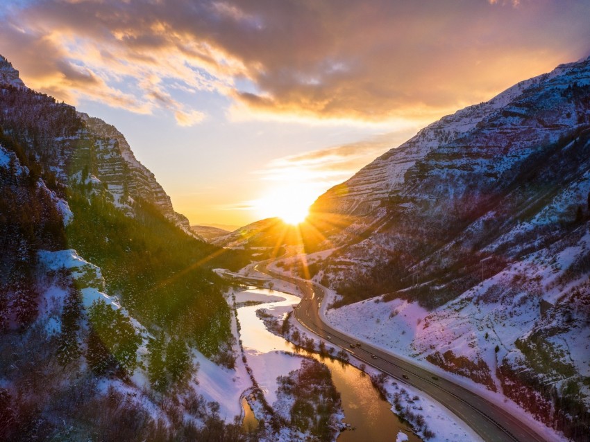 mountains, road, river, sun, landscape