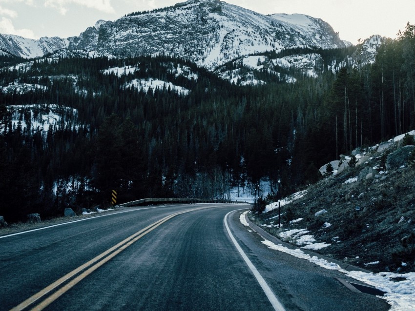 mountains, road, turn, peaks, snow