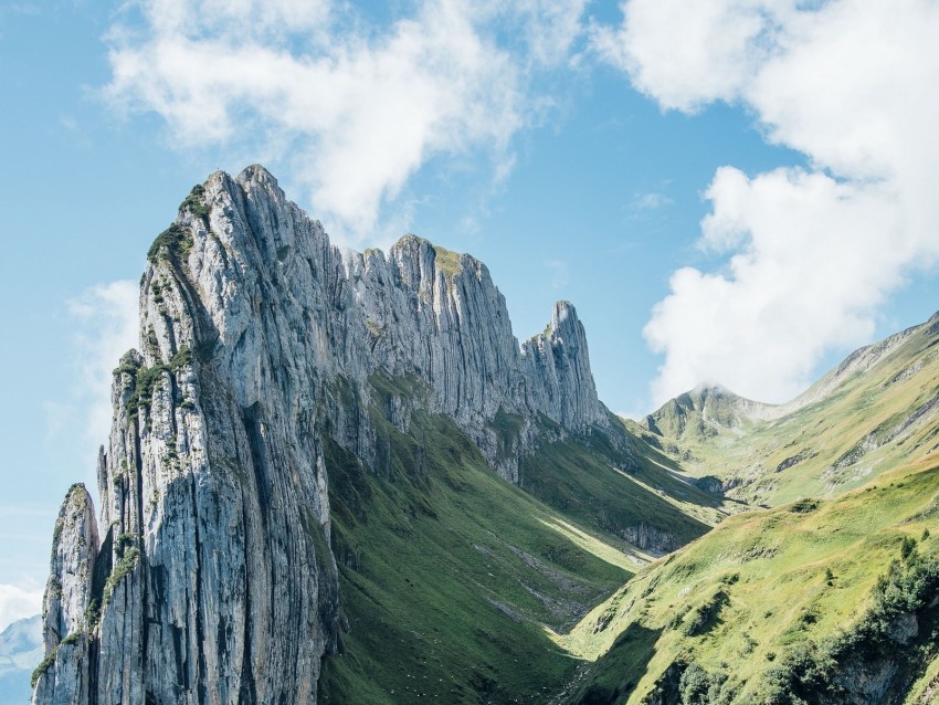 Mountains Rocks Gorge Slope Greenery Background