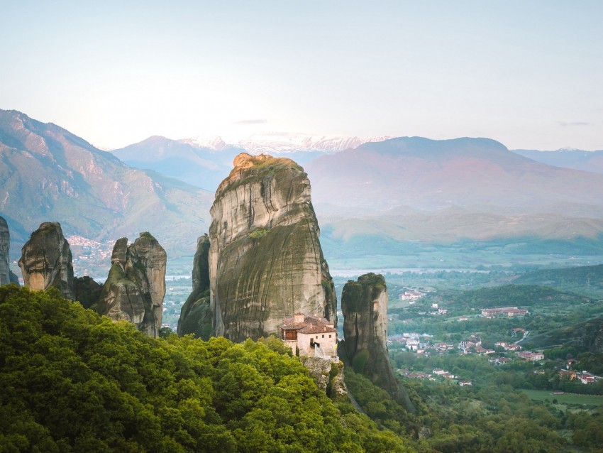 mountains, rocks, landscape, valley, town