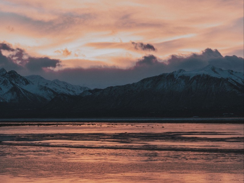 mountains, sea, sunset, horizon, sky, clouds, landscape