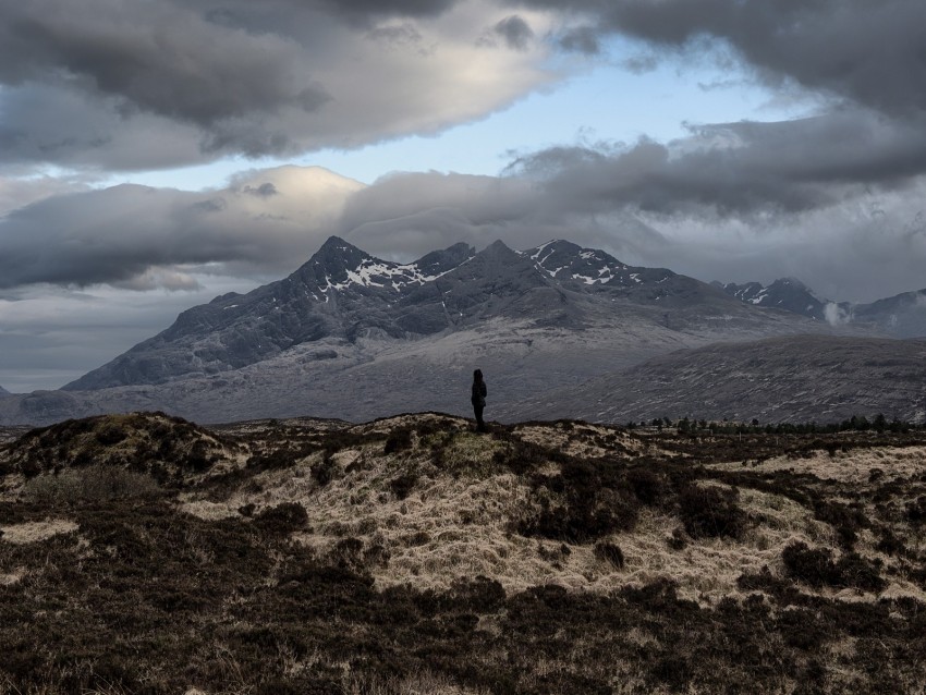 mountains, silhouette, clouds, overcast, loneliness, solitude