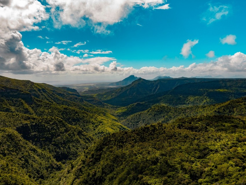 mountains, sky, clouds, aerial view, forest