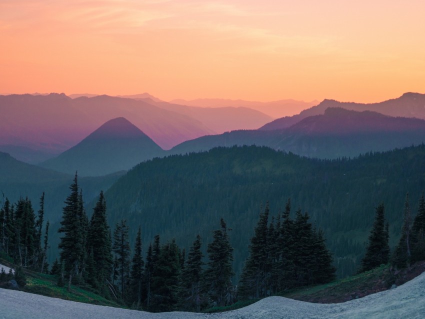 mountains, sky, top view, trees, sunset