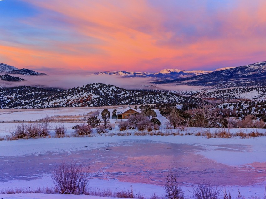 mountains, snow, dawn, house, horizon, colorado, usa