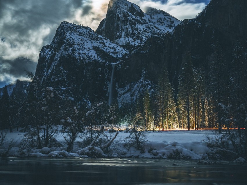 mountains, snow, night, trees, night landscape