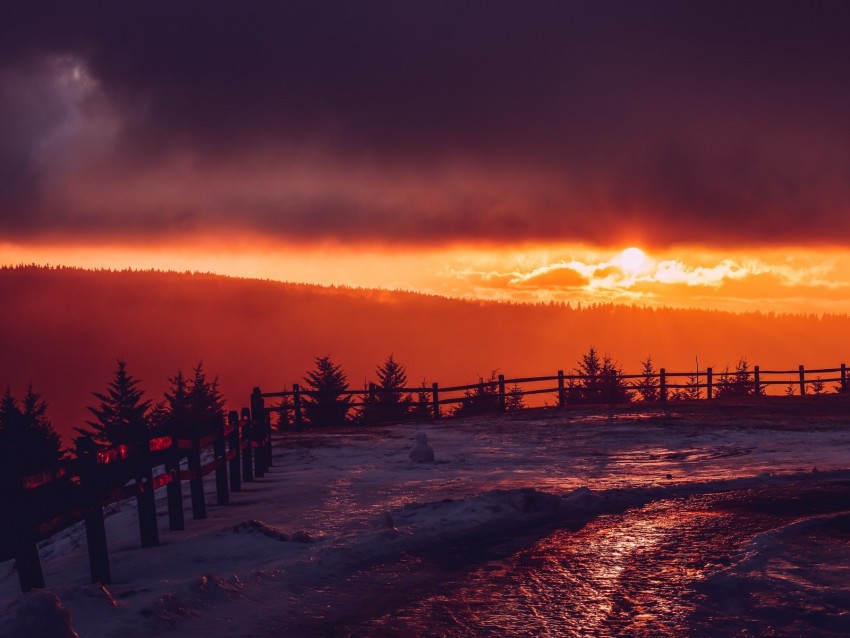 mountains, snow, sunset, fence, winter