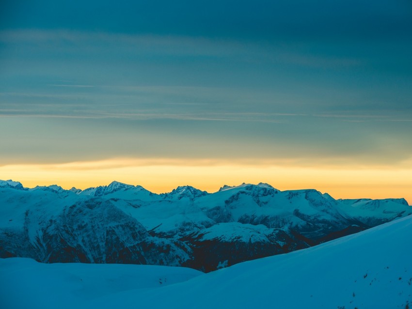 mountains, snow, sunset, horizon, sky, snowy