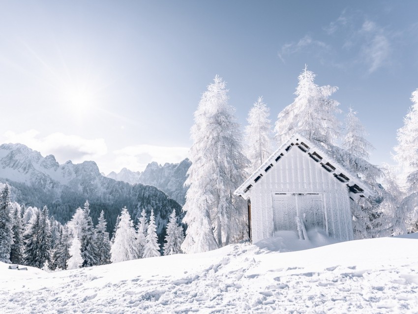 Mountains Snow Winter Building Trees Background