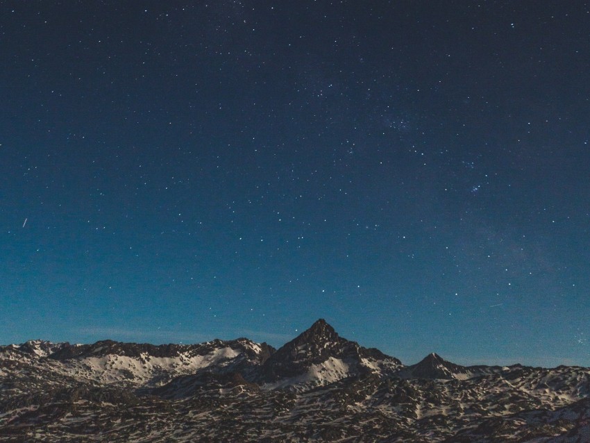 mountains, starry sky, night, stars, peak, snowy