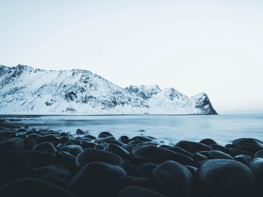 mountains, stones, snow, lake