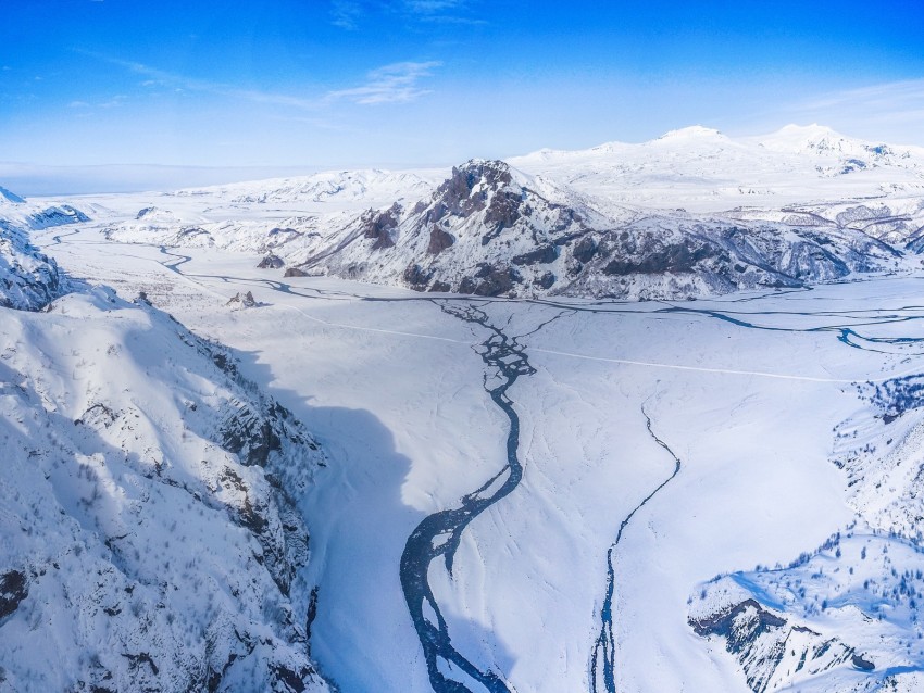 mountains, streams, snowy, frozen, height