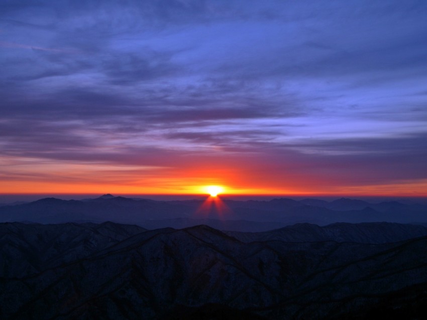 mountains, sunrise, horizon, dawn, sky