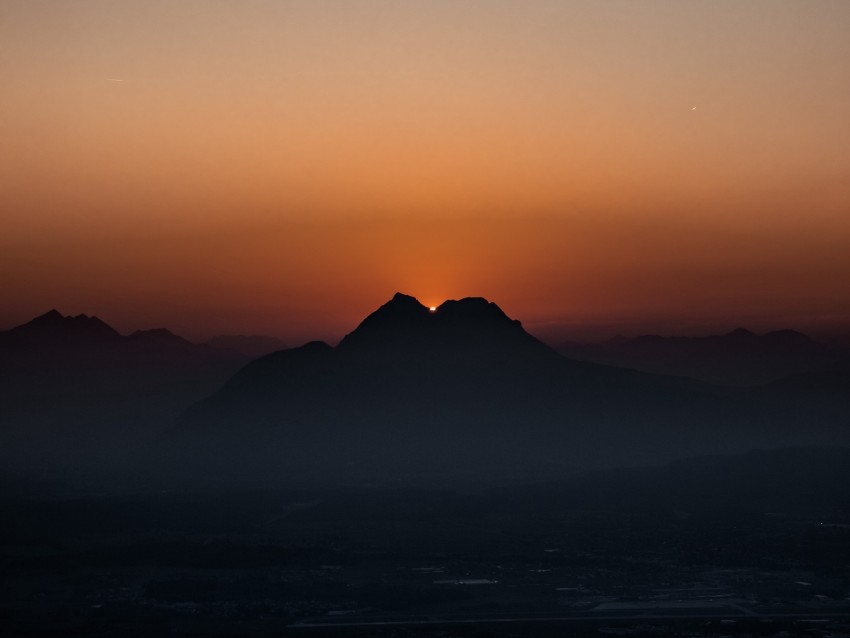 mountains, sunset, fog, dusk, dark