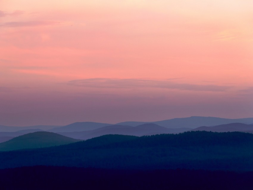 mountains, sunset, fog, sky, horizon, urals, russia