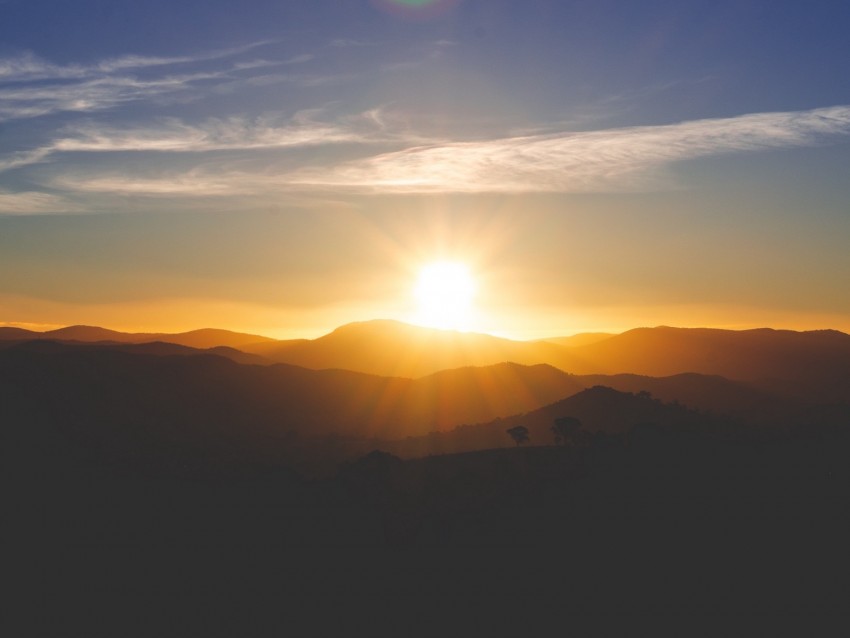 mountains, sunset, glare, light, bokeh, kambah, australia