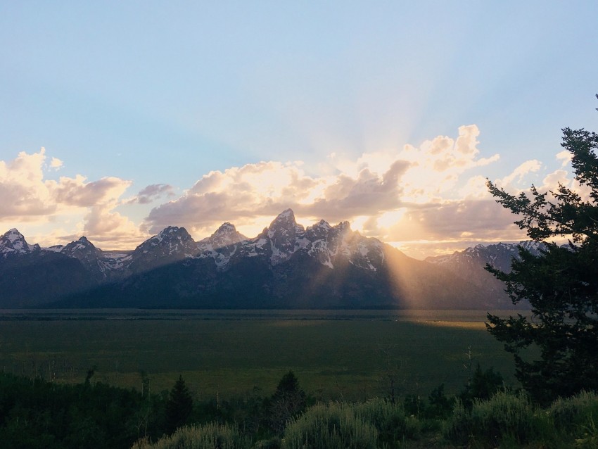 mountains, sunset, landscape, clouds, sunlight