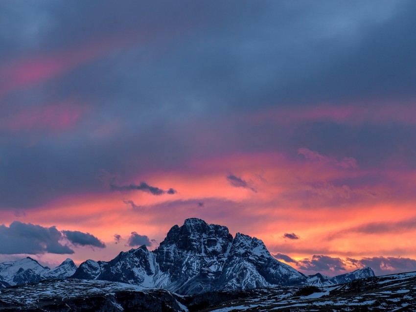 Mountains Sunset Peaks Snowy Sky Clouds Italy Background