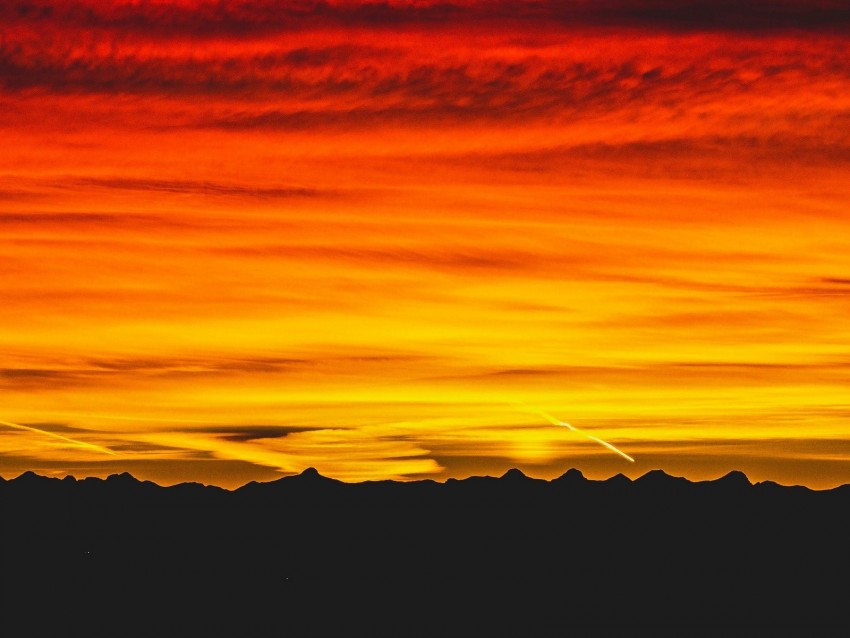 mountains, sunset, sky, dark, red, yellow, black