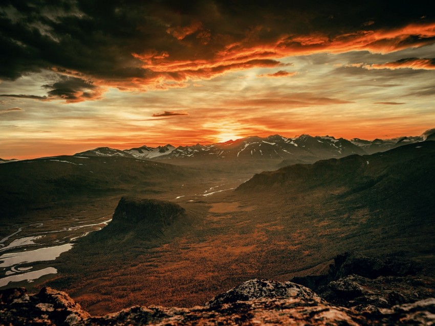 mountains, sunset, sky, overcast, clouds, landscape