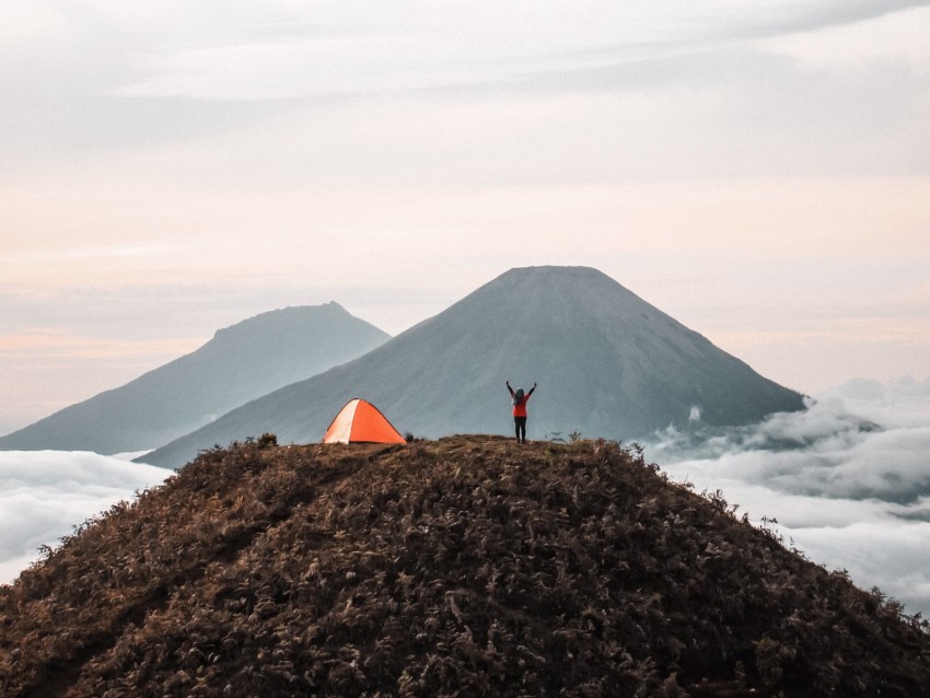 Mountains Tent Person Camping Nature Background