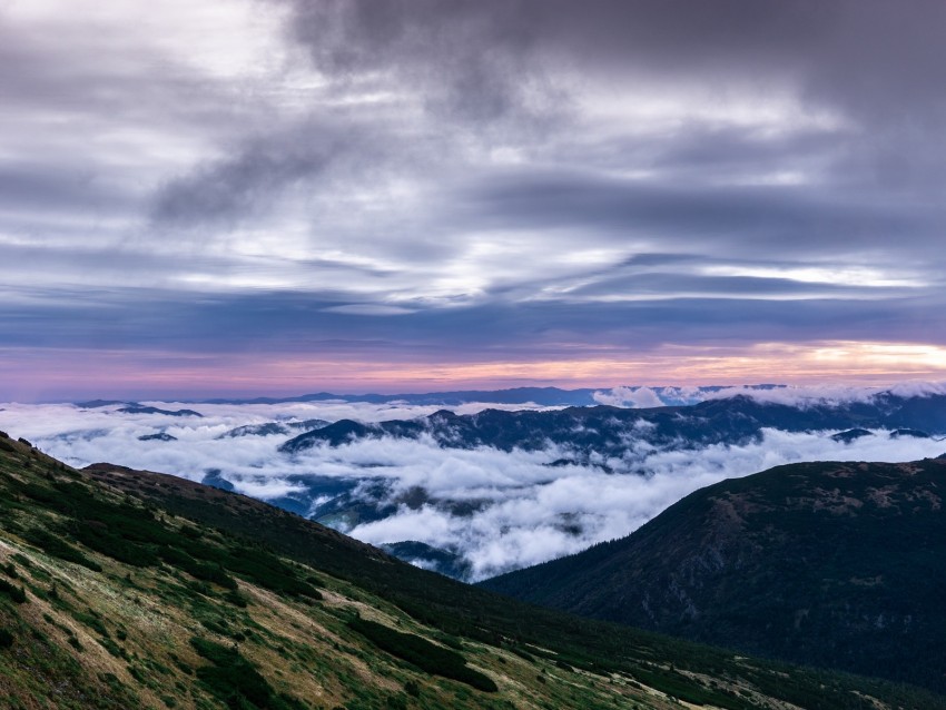 mountains, top, clouds, sunset, sky, porous