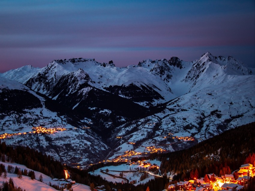 Mountains Trees Aerial View Light Snow Peaks Background