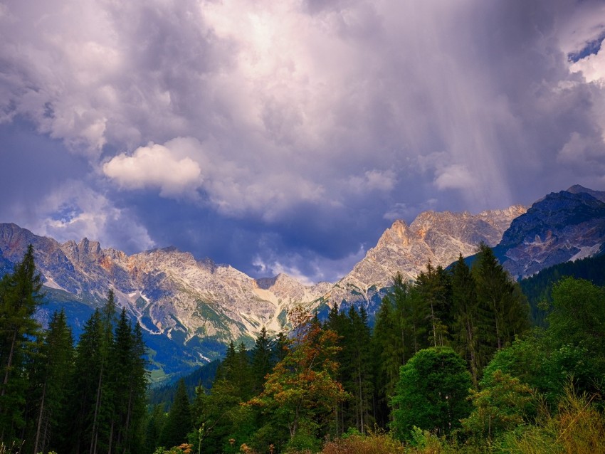 mountains, trees, clouds, mountain landscape, autumn, autumn landscape