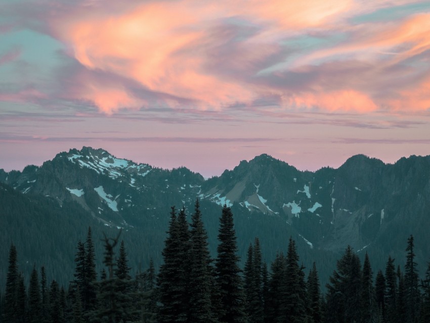 mountains, trees, peaks, clouds, sky