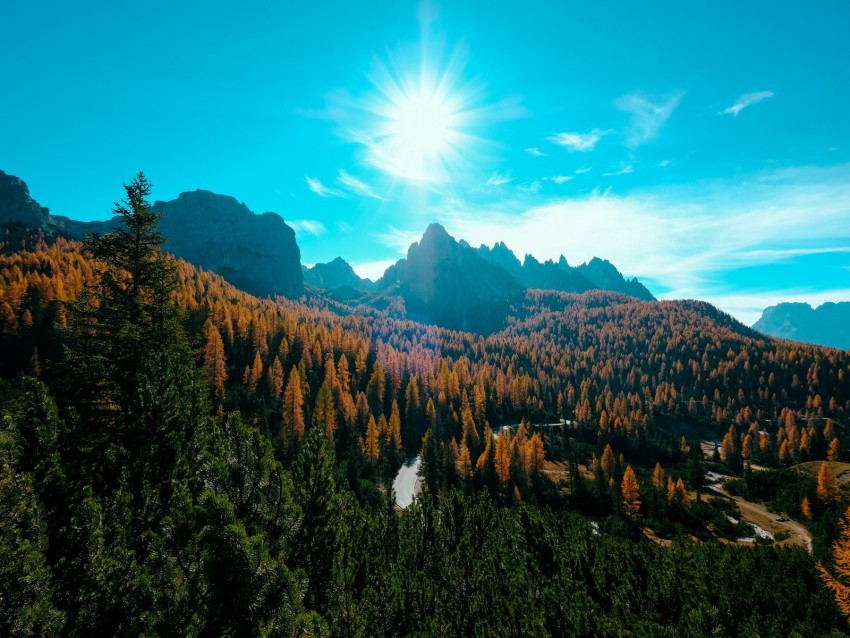 mountains, trees, sun, rays, autumn, aerial view